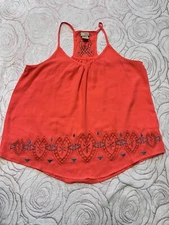 Daytrip Neon Orange Flowing Tank Top Tunic Teal embroidered Cutout Detail  Small