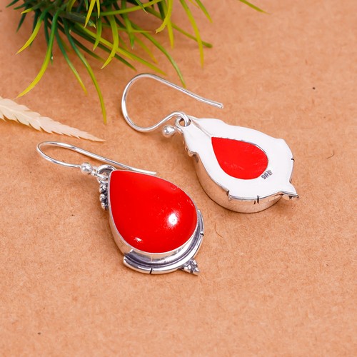 Red Coral Gemstone 925 Sterling Silver Jewelry Earring, Handmade Earring - Picture 4 of 4