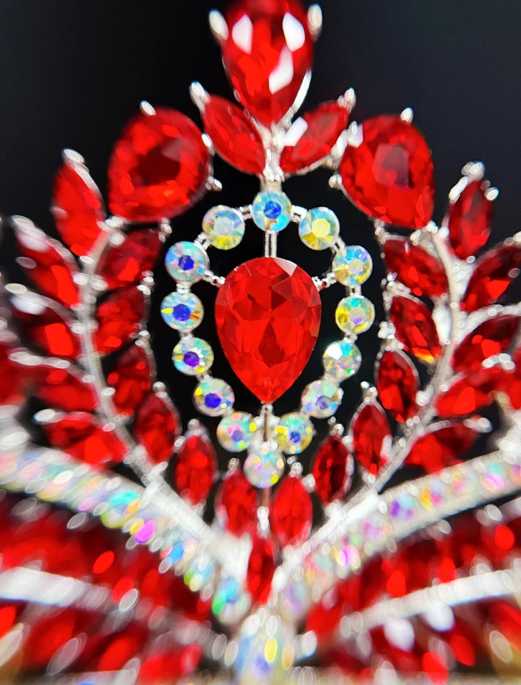 Corona de cristal rojo, corona de quinceañera, tiara de boda de plata, tocado de novia Foto 2 de 4
