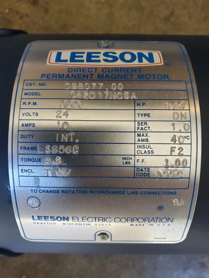 LEESON ELECTRIC MOTOR, 1/4hp, DC 24 Volt, 5/8" shaft. Part # C42D17NC5A - Image 2 of 3