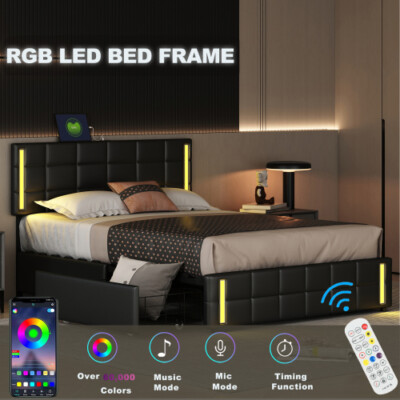 Queen Size Platform Bed Frames w/ LED Headboard Drawers Upholstered Storage Bed