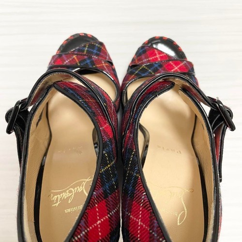 Christian Louboutin Gingham sandali zeppa tela rossa misura 37 23,5 cm Giappone - Foto 6 di 10