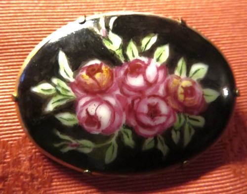 Broche Art Déco Ancienne émaillée - Motif Bouillot, Métal Doré Avec Cabochon, Occasion