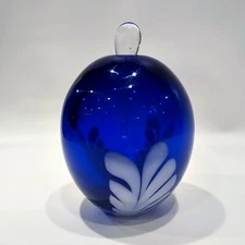 Axicon Perfume Bottle Hand Blown Cobalt Blue White Swirl w/Teardrop Stopper