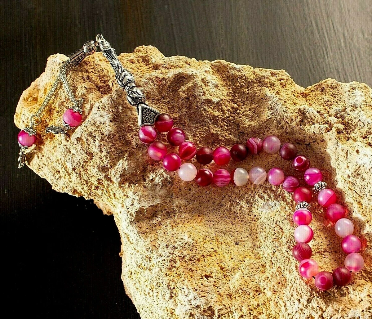REAL Pink Agate Aqeeq Islamic Prayer 33 beads Tasbih 33 Misbaha Tasbeeh 33
