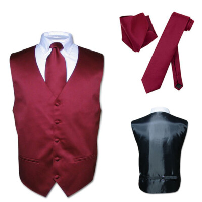Men's Dress Vest NeckTie Hanky Solid Color Waistcoat Neck Tie Set Suit or Tuxedo
