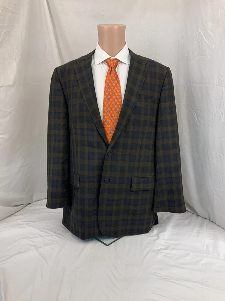 Chaqueta Blazer Penguin L Marrón Azul Lana a Cuadros Elastizada 2B 2V Usada en Excelente Condición YGI S1-79 Foto 2 de 4