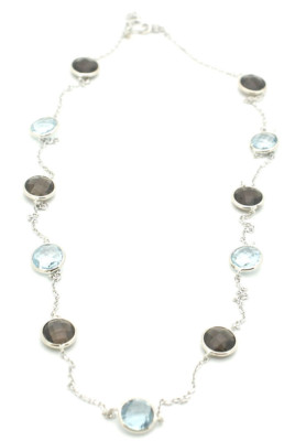 14K White Gold Necklace With Smoky & Blue Topaz Fancy Cut Gemstones 20 Inches