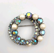 Vintage AB Blue Rhinestone Faux Pearl Double Circle Brooch Wreath Silver Tone