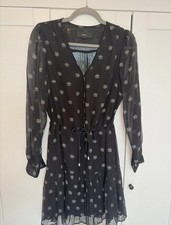 NEXT Black & Silver Polka Dot Chiffon Fit & Flare Dress V-Neck Long Sleeve