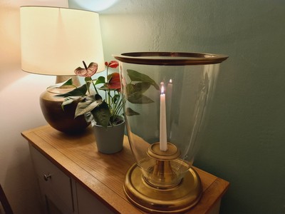 Vintage Messingrand Kerzenhalter Glas Windlicht Lampe CAMPANA BELL Stil groß 