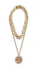 Gold Tone Layered Cable Chain Necklace Round Tree of Life Charm Pendant