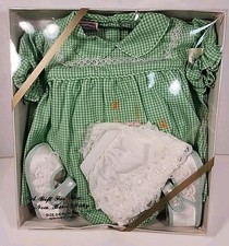Vtg Judy Phillipine Infant Dress 0-6 Green Gingham Satin Shoes Embroidered New