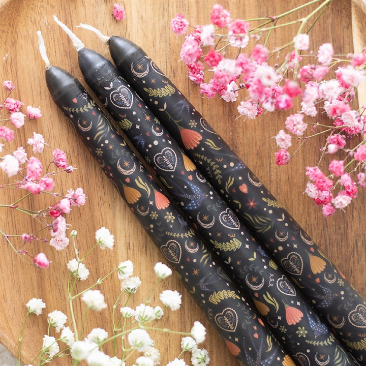 Set of 3 Black Midnight Print Gothic Taper Dinner Candles