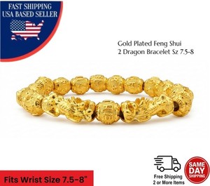 Authentic Feng Shui 2 Dragon Bracelet Gold Plated Wealth Prosperity Luck Amulet Sz 7.5-8