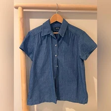 A.P.C. denim blue short sleeve button down checked print FR 38 US 6 med