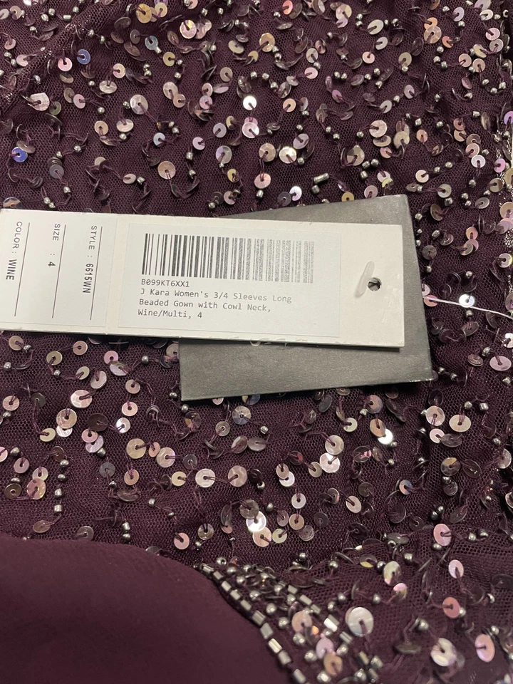 VESTIDO J KARA MUJER MANGA 3/4 CAPUCHA CUELLO LARGO CUENTAS TALLA 4 COLOR VINO Foto 4 de 4