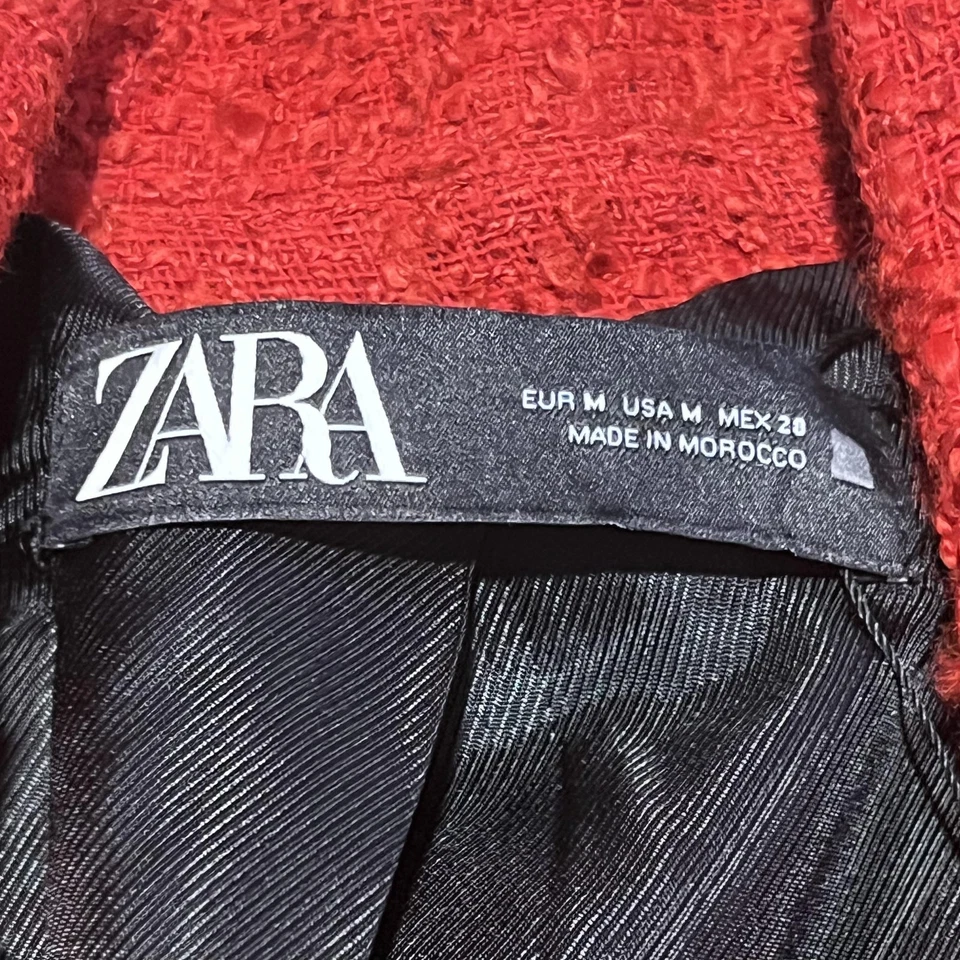 Zara Blazer Womens Medium Red Double Breasted Boucle Tweed Silver Crest Buttons - Image 2 of 4