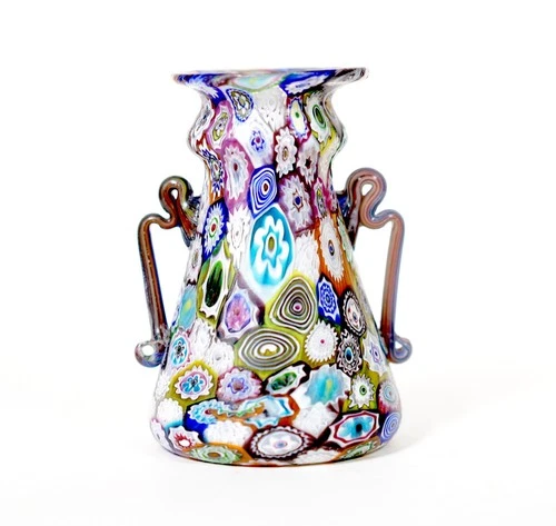 Fratelli Toso Murano Antique Millefiori Flowers Italian Art Glass Mosaic Vase
