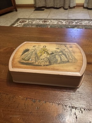 Vintage 1920 s Jewelry Box Wood Godey s Fashion Label Opens To Vanity Mirror