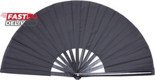 Large Folding Hand Rave Fan for Men Women Dance Gift, Bamboo Nylon-Cloth Black H