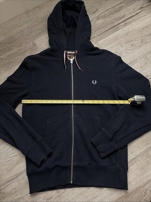 FRED PERRY NAVY ZIP THROUGH HOODED SWEATSHIRT JUMPER WITH POCKETS SIZE MEDIUM UK