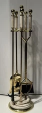 Vintage Gold Tan Marble Resin Fireplace Tool Set with Stand Pick Tongs Shovel