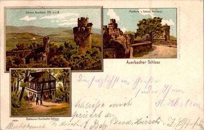 LITHO GRUß AUS AUERBACH BENSHEIM BERGSTRASSE GASTHAUS SCHLOSS 3 BILD COL. 1900