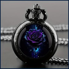 Purple Rose Quartz Movement Pocket Watch,Stylish Black Necklace Chain
