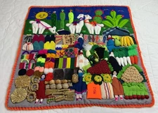 Vintage Folk Art Peruvian Wall Hanging With Dolls, Animals, Cacti, Mercado