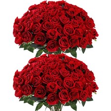 50 Pcs Artificial Roses Red Flowers Fake Velvet Silk Roses with Stems Bulk Reali