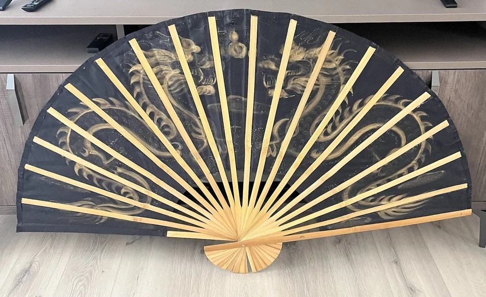 Vintage Chinese Oriental Dragon Hand Painted Bamboo Wall Fan 37” - Image 2 of 3