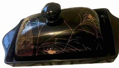 Park Chateau Spooky Ceramic Halloween Black Butter Dish With Gold Spiders & Webs
