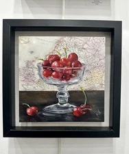 Cherries in Glass, Realism original oil painting, Kitchen Art, Map Art,  Gift