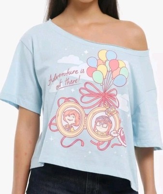 Her Universe Disney Pixar Up Young Carl & Ellie Girls Off-Shoulder T-Shirt SMALL