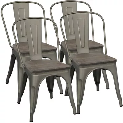 TOPEAKMART Metal Dining Chair with Wooden Seat Stackable Side Chairs Indoor-Outdoor 4pcs