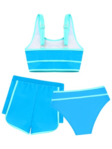 Kids Girl's Surfing Suit T Running Ank Top With Bottoms 3 Piece Bra And Shorts - Picture 16 of 54