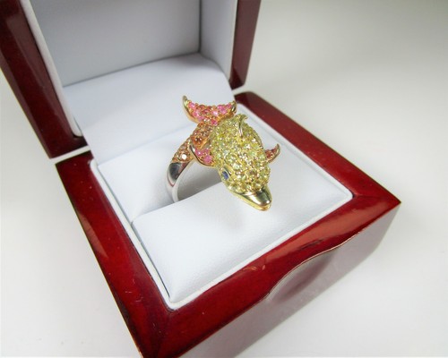 Dolphin Ring PADPARADSCHA & FANCY SAPPHIRE 4.52 CTW 14k 3-TONE GOLD/925 SILVER - Picture 7 of 11
