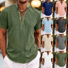 Mens Linen Shirts Summer Short Sleeve Tops V Neck Loose Casual Button Blouse