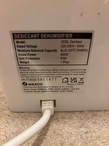Meaco DD8L-ZAMBEZI Antibacterial Desiccant Dehumidifier - White - Picture 4 of 4