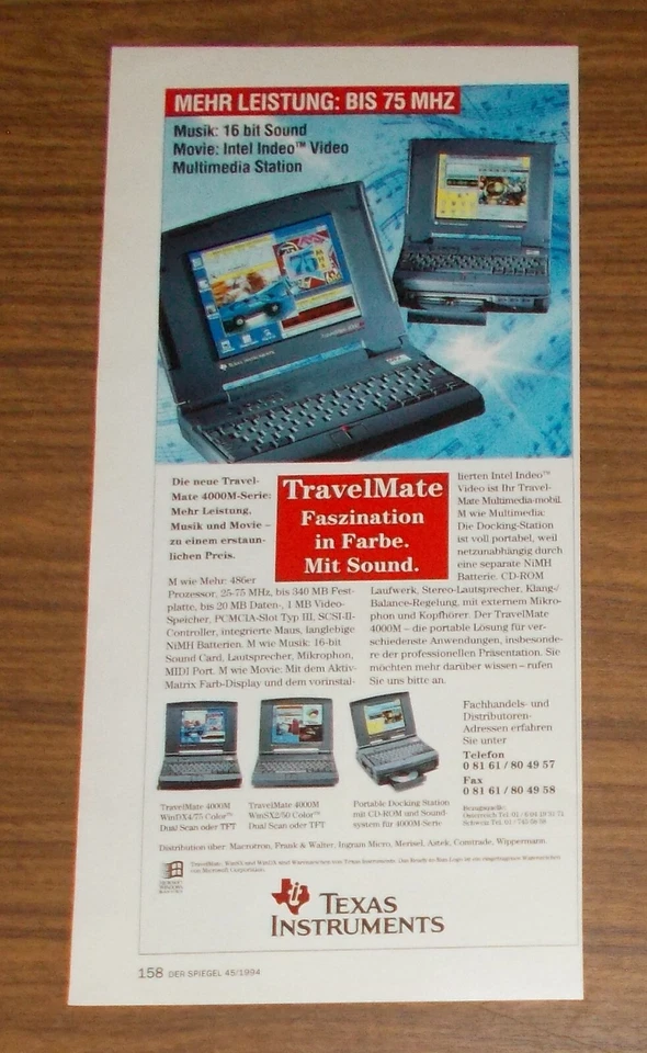 Seltene Werbung TEXAS INSTRUMENTS TRAVELMATE 4000M WinDX4/75 Color Notebook 1994 - Bild 1 von 1