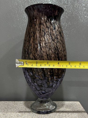 Vtg Hand Blown Art Glass Vase 10.5” Glittery Gold Purple Spotted Swirls Heavy - Picture 4 of 10