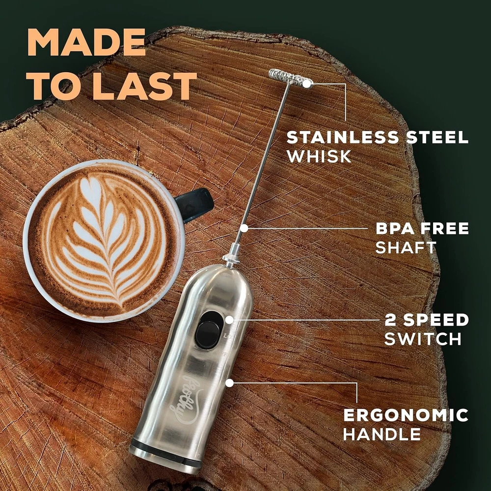 Milk Frother for Coffee, 2 Speed Battery Operated, Stainless Steel Mixer