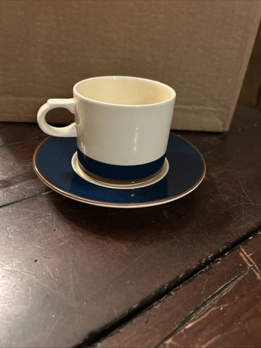 Stoneware Japan Coffee Mug (8oz) and Saucer Cream With Navy Brown Stripe