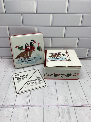 Vintage Potpourri Press Metal Tin and 10x10 Napkins Christmas Holiday Geese - Picture 2 of 12