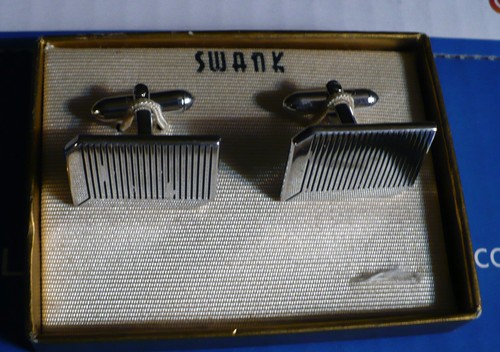 Vintage SWANK CUFFLINKS Silvertone Rectangle w Etched Lines, 7/8 X 5/8" used - Picture 2 of 3