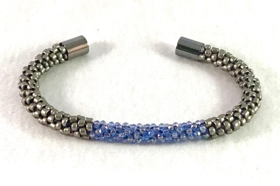 Kumihimo Bracelet Gunmetal Seed Beads Blue Crystals Magnetic Clasp Handmade - Image 3 of 3