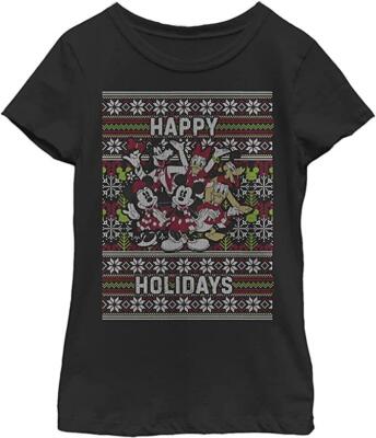 DISNEY Mickey Minnie Mouse Donald Girls Happy Holiday Black T-Shirt XL 14/16 NEW
