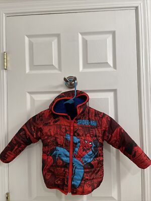 Marvel Spider-Man Boys Youth Reversable Red Blue Puffer Fleece Jacket Size 