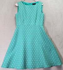 Tahari Sheath Dress Womens 6 Teal Geo Print Lined Sleeveless Round Neck Back Zip
